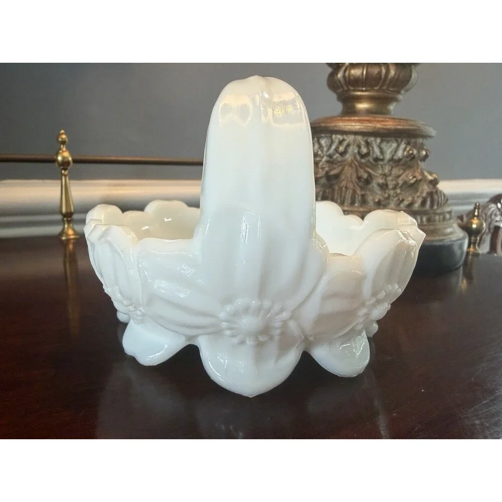 Westmoreland Milk Glass Dogwood Pattern Vanity Candy Dish Trinket Basket White